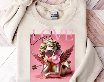 Maglietta e felpa con scritta "Cupido retrò", maglietta estetica con scritta "Cupido a bolle" per San Valentino, maglione per San Valentino da donna, girocollo Cupid's Brewing Co.