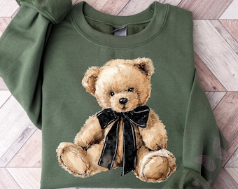 Teddy Bear T-Shirt & Sweatshirt, Trendy Coquette Winter Crewneck, Watercolor Bear Aesthetic Christmas Sweatshirt, Cute Cozy Old Money Bear