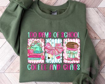 Maglietta e felpa "100 giorni di scuola", maglietta "100 giorni di caffè e caos", maglietta per celebrare l'insegnante, maglietta per il caffè dell'insegnante, insegnante divertente