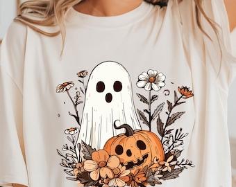Koszula Spooky Ghost Halloween Comfort Colors, koszulka z motywem dyni w stylu preppy floral, koszulka z motywem upiornego sezonu, koszulka Ghost Aesthetic Tee z kwiatowym patchworkiem