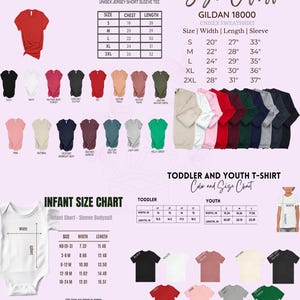 Pu&ograve; includere: Una tabella colori e taglie per t-shirt unisex, felpe e body per neonati. La tabella include misure in pollici per petto, lunghezza e manica. Sono visualizzati vari colori di magliette, tra cui nero, bianco, rosso e rosa.