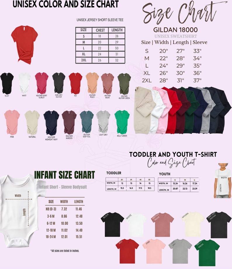 Pu&ograve; includere: Una tabella colori e taglie per t-shirt unisex, felpe e body per neonati. La tabella include misure in pollici per petto, lunghezza e manica. Sono visualizzati vari colori di magliette, tra cui nero, bianco, rosso e rosa.
