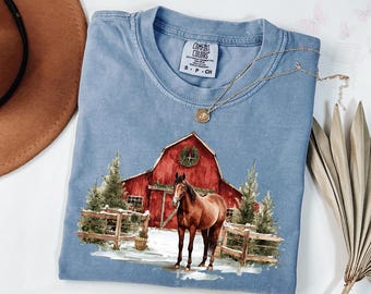 Koszulka świąteczna z koniem Comfort Colors, sweter świąteczny z koniem w stylu western, koszulka z koniem, prezent świąteczny z koniem, damska koszulka świąteczna, dla miłośników koni