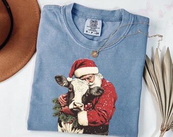 Comfort Colors Western Cowboy Santa Christmas T-Shirt, Rodeo Christmas Shirt, Horse & Reindeer Tee, Rustic Western Xmas Shirt