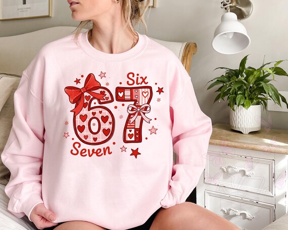 Coquette Valentine 67 Six Seven Tshirt & Sweatshirt, Preppy Heart Bow Valentine Number Design, Cute Pink Red Checkered Hearts Tee, Valentine
