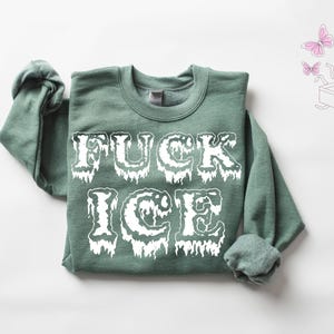 Pu&ograve; includere: Una felpa verde salvia con la scritta "FUCK ICE" in grandi lettere bianche gocciolanti. Le maniche sono arrotolate. Sullo sfondo ci sono farfalle rosa e un'illustrazione di una scatola.