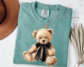 Comfort Colors Teddy Bear T-Shirt, Trendy Coquette Winter Crewneck, Watercolor Bear Aesthetic Christmas Sweatshirt, Cute Cozy Bear Shirt