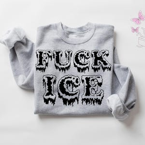 Pu&ograve; includere: Una felpa grigio melange con la scritta "FUCK ICE" stampata a grandi lettere nere gocciolanti. La felpa ha maniche lunghe e girocollo. Farfalle rosa e una grafica a scatola nell'angolo in alto a destra.
