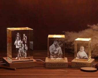 Personalized 3D Crystal Photo with Light Base, Custom Laser Etched Glass Picture,Gift for Women Men,Anniversary Keepsake Gift for him her