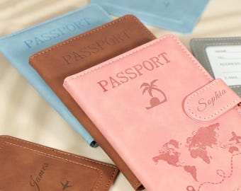 Gepersonaliseerde paspoorthouder met bagagelabel, aangepaste lederen RFID-paspoortomslag, leer, monogram, reiscadeau voor stel, paspoortportemonnee