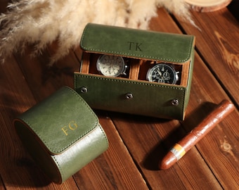 Retro Green Leather Watch Case Personalized,Travel Watch Case,Holiday Gift for Him,Custom Watch Roll ,Christmas gift,Valentines Gift for Him