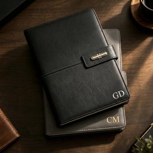 Op de afbeelding: Een zwart notitieboek met een goudkleurige metalen sluiting en de initialen GD in de hoek gedrukt, liggend op een grijs notitieboek met de initialen CM in goud gedrukt, beide met een gladde lederlook en een rechthoekige vorm.