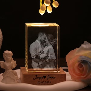 Personalized 3D Crystal Photo Cube w/Light Base,Custom Laser Engraved Etched Picture Crystal Brick Cube,Anniversary Gift for him her