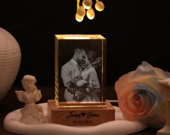 Personalized 3D Crystal Photo Cube w/Light Base,Custom Laser Engraved Etched Picture Crystal Brick Cube,Anniversary Gift for him her