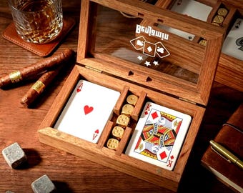 Wooden playing card box,Custom Engraved Playing Card Storage Box,Double Deck Card &  Dice Holder Box,Travel card case,Gift for Card Players