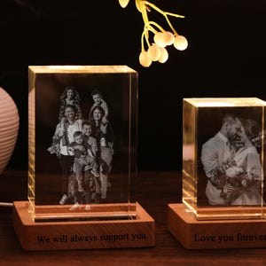 Personalized 3D Crystal Photo Cube w/Light Base,Custom Laser Engraved Etched Picture CrystalBrick Cube,Family Reunion Gift,Anniversary Gift