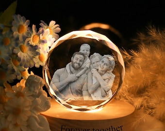 Foto familiar de cristal 3D personalizada redonda con base de luz, regalo para cualquier ocasión, decoración del hogar, láser personalizado, regalo familiar, foto de cristal 3D personalizada