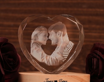 Personalized Heart 3D Crystal Photo Night Light,Custom Portrait in Crystal Light, Crystal Photo Gift for Anniversary,Light up Crystal Photo
