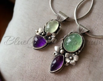 Sterling Silver, Prehnite, and Amethyst Necklace - Large - Ode To Lady Spring