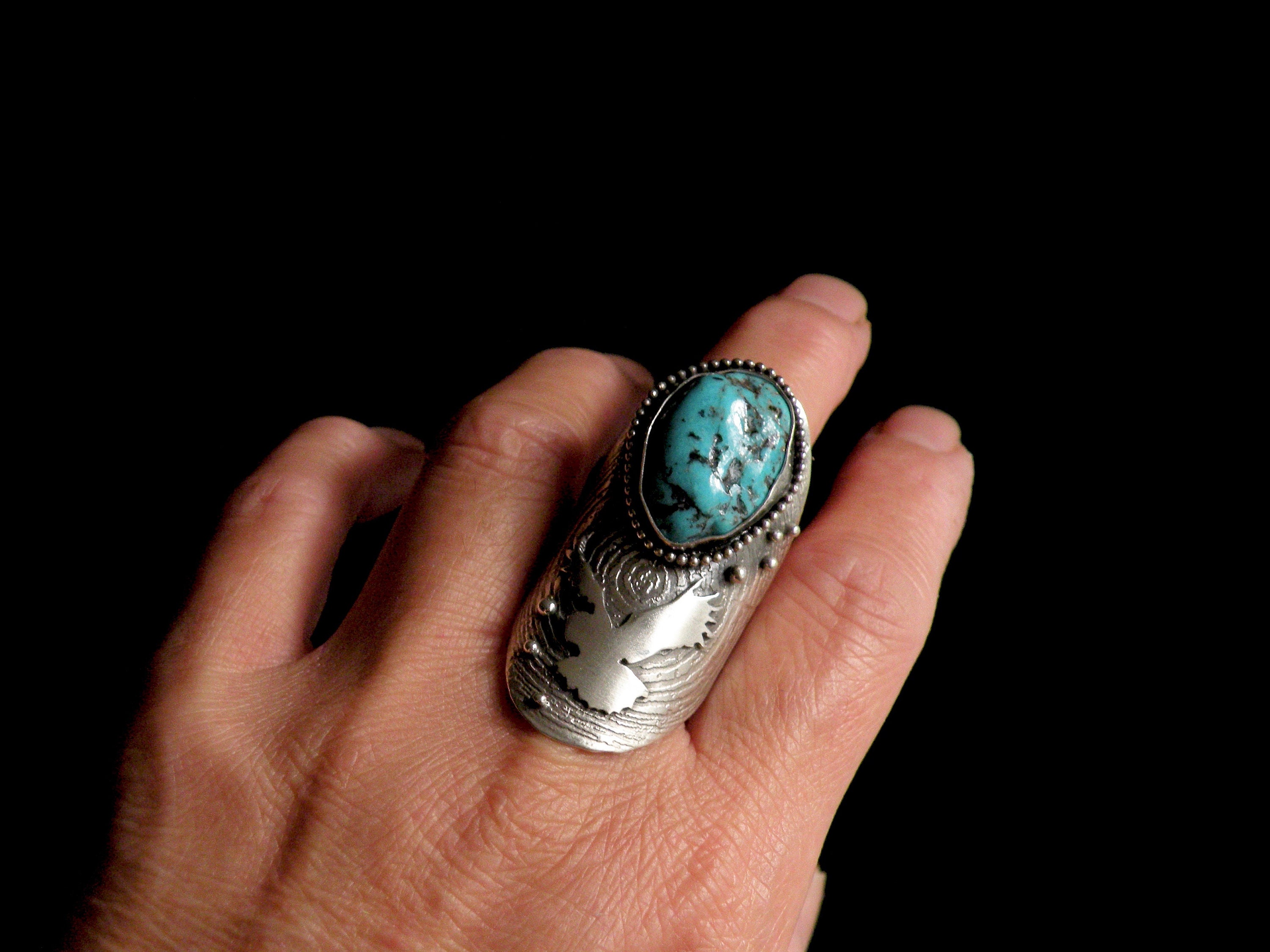 Sterling Silver and Raw Turquoise Ring - Owl Totem