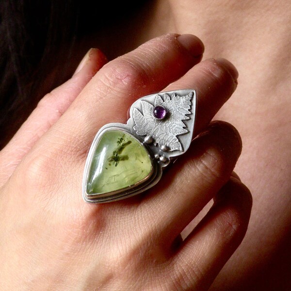 Sterling, Prehnite and Amethyst Ring - The Secret Garden