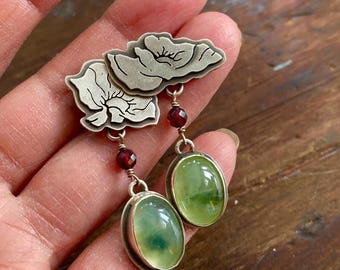Sterling,Garnet and Prehnite Poppy Earrings - Crimson Splendour