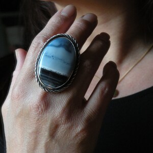 •OWYHEE BLUE OPAL - TEAR• simple band silver ring (size 8.25)