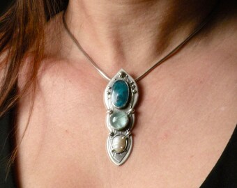 Sterling Silver, Aquamarine, Apatite and Freshwater Pearl Pendant - A Water Totem