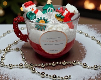 Bougie mug de Noël : bougie de soja festive faite main avec décorations des Fêtes
