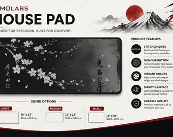 桜柄マウスパッド、ミニマルな白黒アート、日本語漢字デスクマット、ネオプレン製デスクマット、オフィス装飾