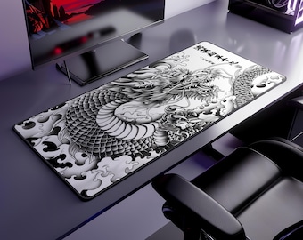 Japanese Dragon Mouse Pad, Black and White Desk Mat with Kanji, Large Neoprene Gaming Mousepad