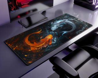 Koi Fisch Schreibtischmatte, Feuer und Wasser Yin Yang, Japanische Schreibtischmatte, erweiterte Schreibtischmatte, XL XXL Mousepad Neopren