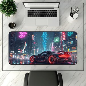 Cyberpunk Car Mouse Pad: Neon City Gaming Desk Mat image 2