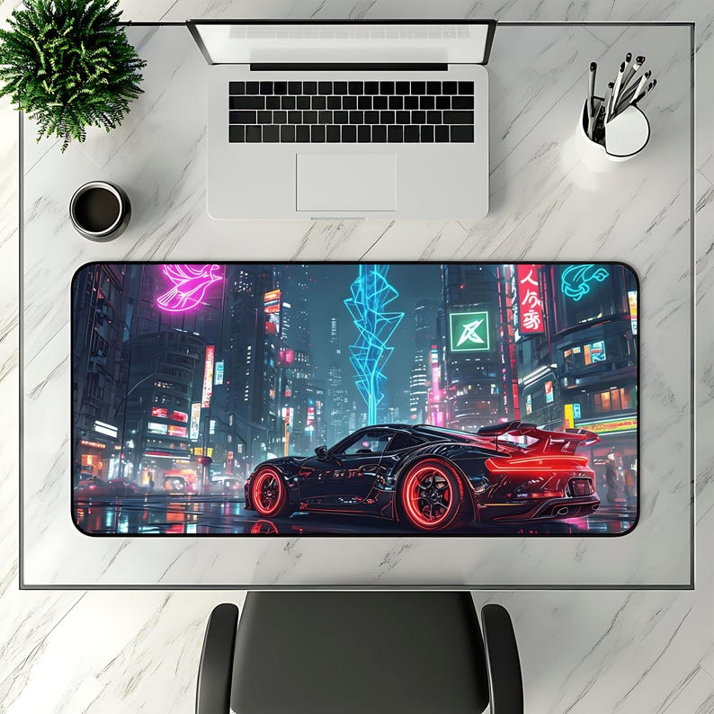 Cyberpunk Car Mouse Pad: Neon City Gaming Desk Mat image 2
