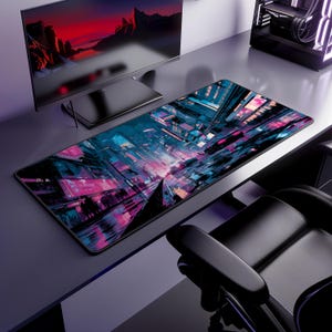 Cyberpunk City Mouse Pad, Neon City Gaming Desk Mat, Large Extended Desk Mat, 100% Neoprene