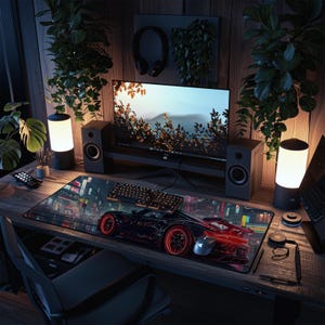 May include: A gaming setup featuring a desk with a large mousepad showcasing a red and black sports car design. The desk includes a monitor, speakers, keyboard, mouse, and two cylindrical lamps. The background has plants and a headset.