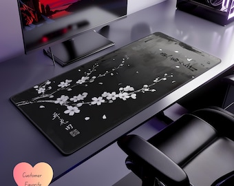 Kirschblüte Mousepad, Minimalistische Schwarz Weiß Kunst, Japanische Kanji Schreibtischmatte, Neopren Schreibtischmatte, Bürodeko