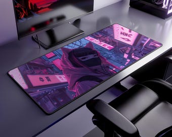 Anime Cyberpunk Girl Mousepad, Neon Japanese Street Scene Desk Mat