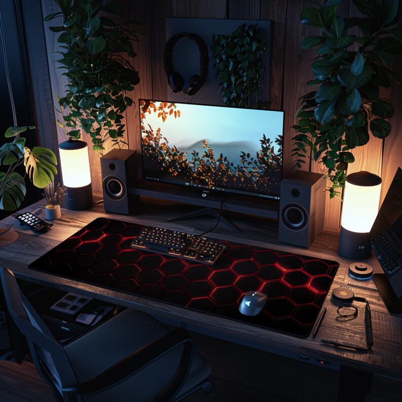 Red Hexagon Honeycomb Pattern Desk Mat , Extended XL Mousepad, Gamer ...