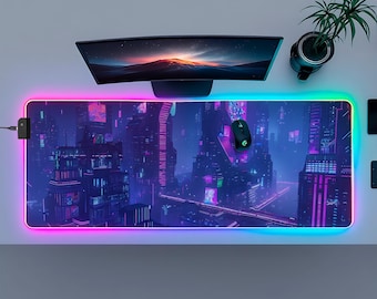 Podkładka pod mysz dla graczy z diodami LED Cyberpunk, podkładka na biurko RGB z neonowym motywem miasta, duży dodatek na biurko dla gracza, prezent technologiczny, fajna dekoracja do pokoju gamingowego