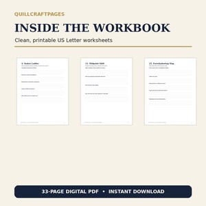 May include: A digital workbook display featuring the text QUILLCRAFTPAGES, INSIDE THE WORKBOOK, and Clean, printable US Letter worksheets. Three white pages show writing prompts titled Stakes Ladder, Midpoint Shift, and Foreshadowing Map.