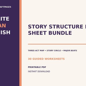 Puede incluir: Un documento digital titulado Story Structure Beat Sheet Bundle con el texto Quillcraftpages, Write Plan Finish, Three-Act Map, Story Circle, Major Beats, 30 Guided Worksheets, Printable PDF e Instant Download en morado oscuro y melocotón.