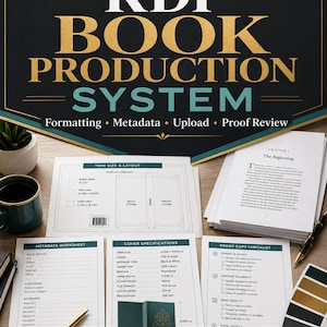 May include: A KDP Book Production System digital download kit featuring a title graphic, a trim size and layout template, a metadata worksheet, cover specifications, and a proof copy checklist printed on white paper with black and teal text.