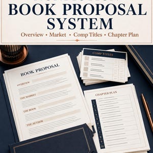 May include: A Nonfiction Book Proposal System document set featuring a main proposal form, a chapter plan sheet, and a stack of comp titles cards. The text includes "NONFICTION BOOK PROPOSAL SYSTEM", "BOOK PROPOSAL", "COMP TITLES", and "DIGITAL DOWNLOAD".