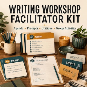 May include: A writing workshop facilitator kit featuring a set of cards labeled Agenda, Prompt, and Critique Guide, along with a clipboard, pencils in a mug, and group name cards labeled Group A, Group B, and Group C on a wooden surface.