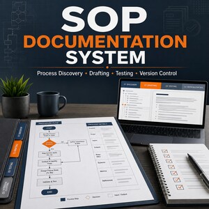 May include: A SOP Documentation System display featuring a laptop showing a process flow, a printed document with a procedure flow chart and process details, a spiral notebook with a checklist, a black mug, and a small green plant in a dark pot.