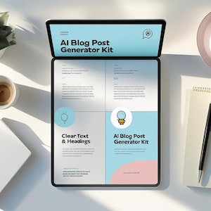 May include: A workspace scene featuring a tablet with the text "AI Blog Post Generator Kit". Other items include a succulent plant, coffee cup, closed laptop, notepad, pen, and a decorative dessert. The tablet has a black frame.