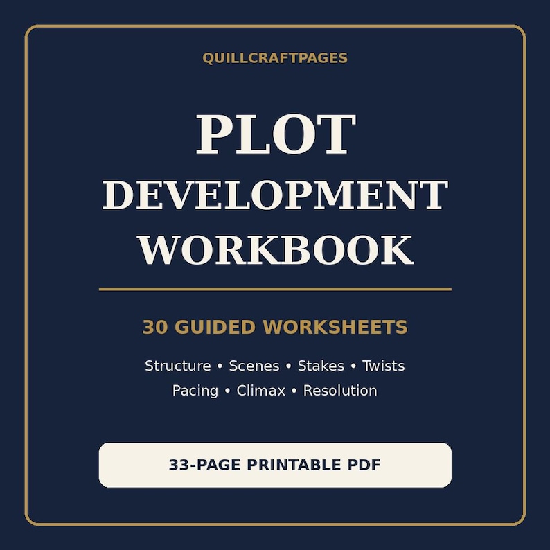 May include: A dark blue digital workbook cover titled PLOT DEVELOPMENT WORKBOOK by QUILLCRAFTPAGES. It features 30 GUIDED WORKSHEETS covering structure, scenes, stakes, twists, pacing, climax, and resolution. It is a 33-page printable PDF document.