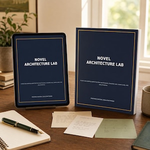 Op de afbeelding: Een tablet en een fysiek boek getiteld Novel Architecture Lab, beide met donkerblauwe covers en gouden randen. De set bevat een vulpen, een spiraalnotitieblok en drie kleine kaarten met de labels Scene, Character Arc en Act Timeline.