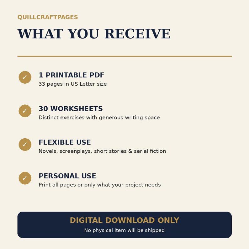 May include: A digital product information graphic titled QUILLCRAFTPAGES WHAT YOU RECEIVE. It lists 1 printable PDF with 33 pages in US Letter size, 30 worksheets with writing space, flexible use for novels and screenplays, and personal use.
